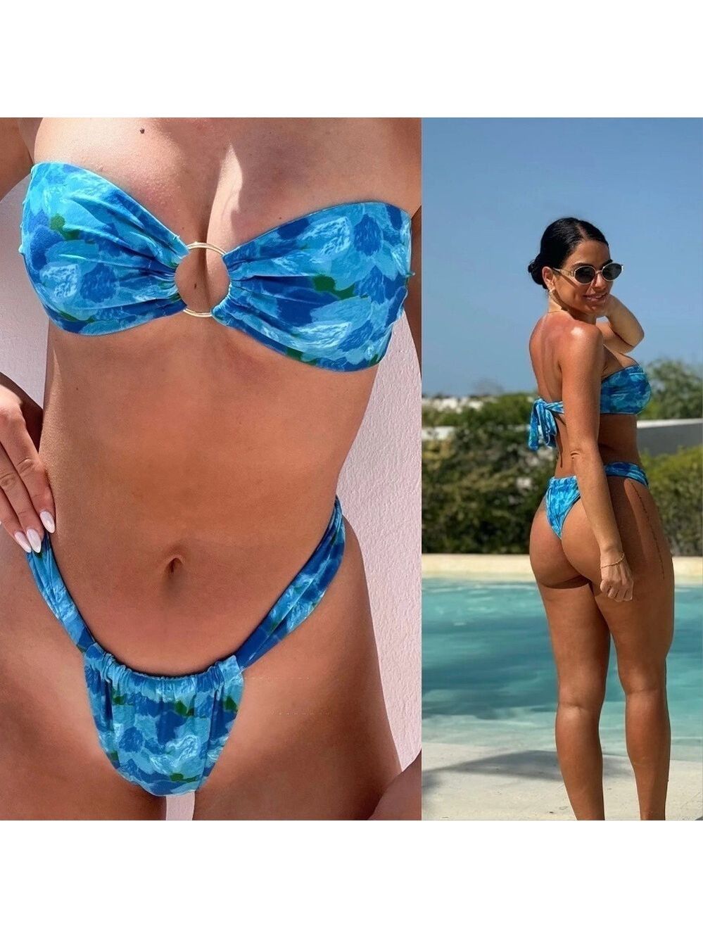 FEELYN BOTIQUE SWIM MATCHING SET CAPRI STRAPLESS BANDEUA BIKINI BLUE PRINT